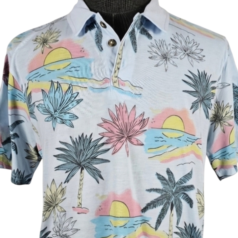 Sovereign Code Men's Blue Hawaiian Print Short Sleeve Polo Size XL